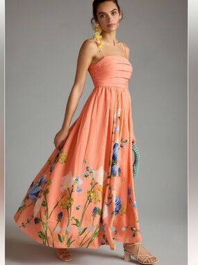 Anthropologie Lorelei Ruched-Bodice Midi Dress Coral Peach Orange XSP